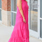 Rose Red High Frilled Neck Tiered Sleeveless Maxi Dress