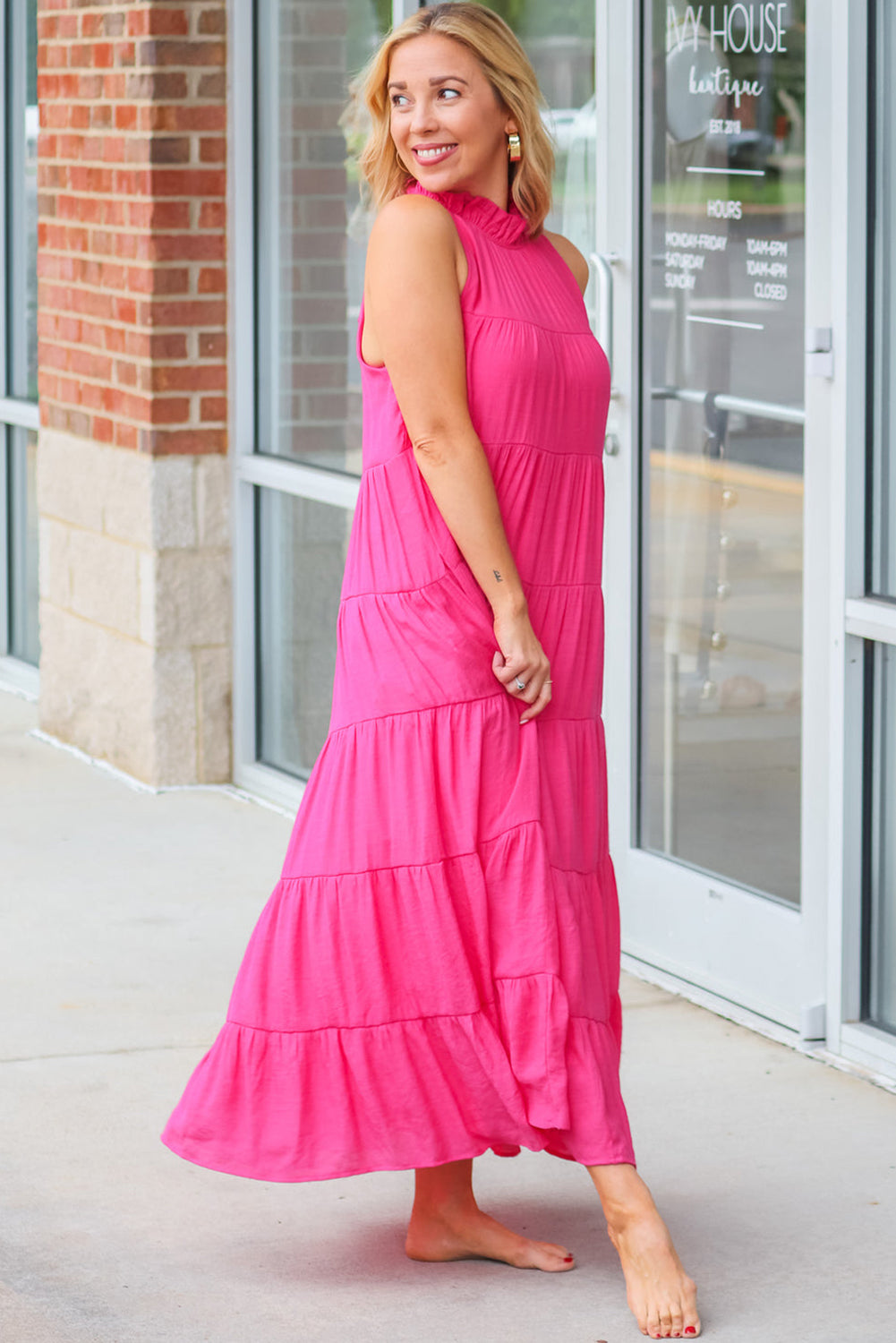 Rose Red High Frilled Neck Tiered Sleeveless Maxi Dress