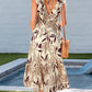 Brown Ruffled V Neck Leaves Print Long Dress