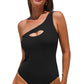 Black Ribbed One Shoulder Hollowed One Piece Swimsuit