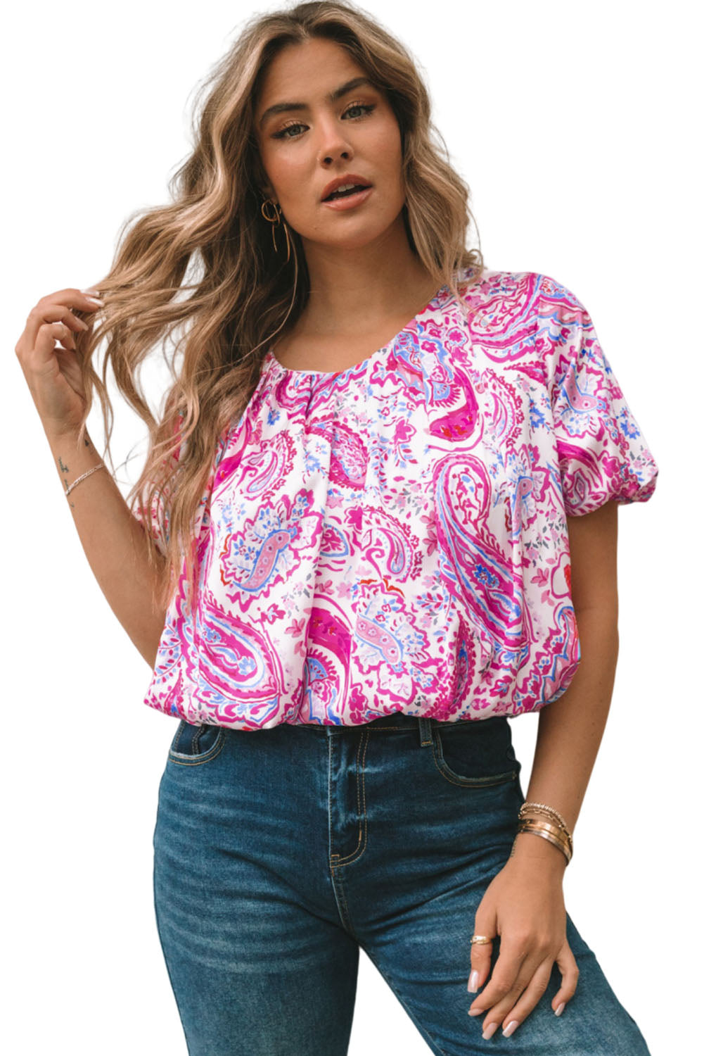 Paisley Pattern Print Puff Sleeve V Neck Blouse