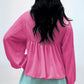 Bright Pink Corded Turn-down V Neck Bubble Sleeve Babydoll Blouse