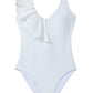 White Asymmetric Ruffle Trim Tie Waist One Piece Swimsuit