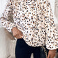 White Leopard Print Lantern Sleeve Mock Neck Pleated Blouse