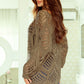 Khaki Hollowed Knit V Neck Dolman Sleeve Sweater