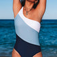 Sky Blue Color Block One Shoulder Backless One-piece Swimwear