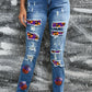 Sky Blue Sequin Pumpkin Patched Distressed Straight Leg Jeans