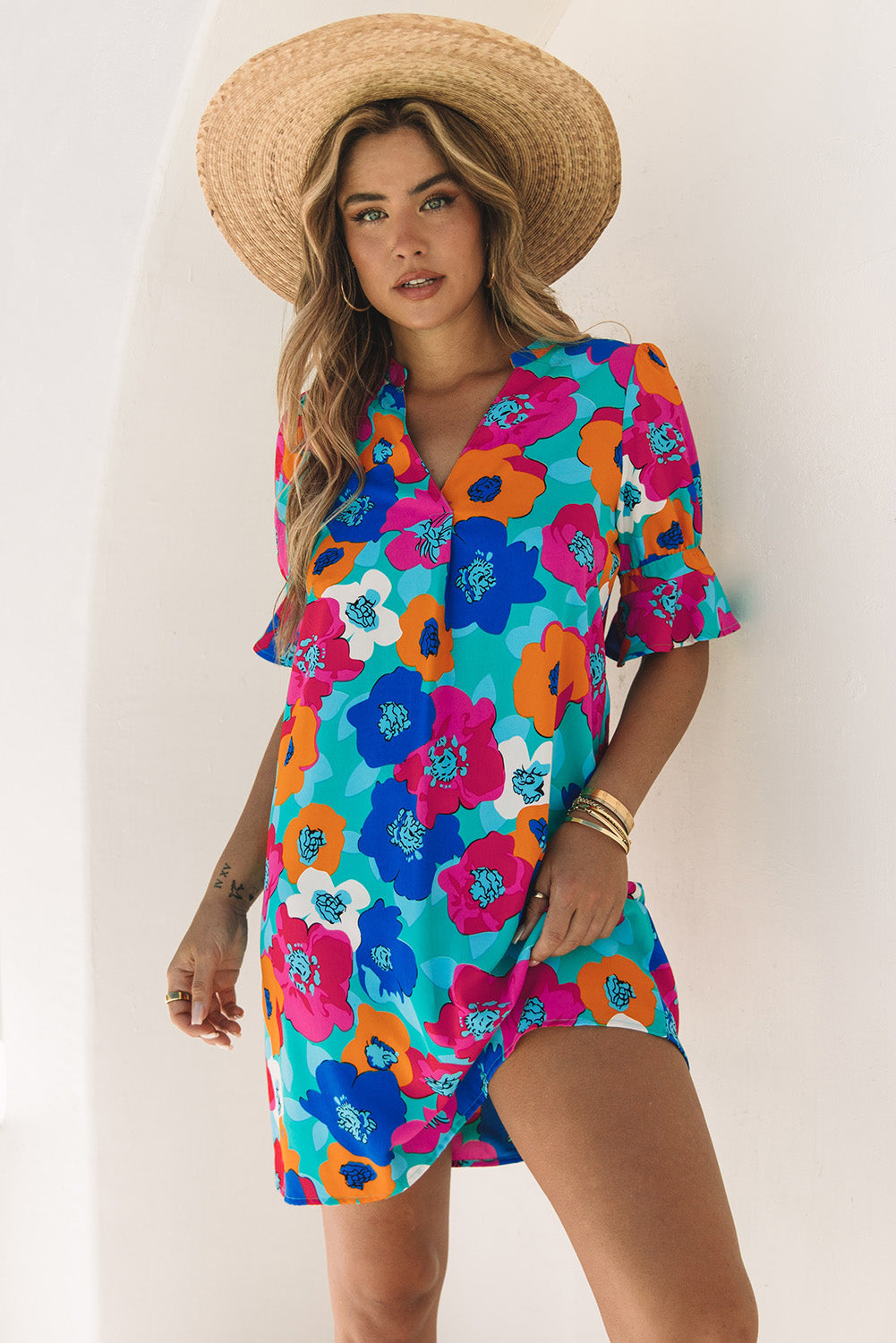 Multicolor Split V Collar Ruffle Sleeve Floral Shift Dress