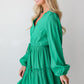 Sea Green Frilly V Neck Puff Sleeve Drawstring Shift Mini Dress