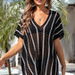 Black Striped Crochet Loose Fit V Neck Beach Cover Up