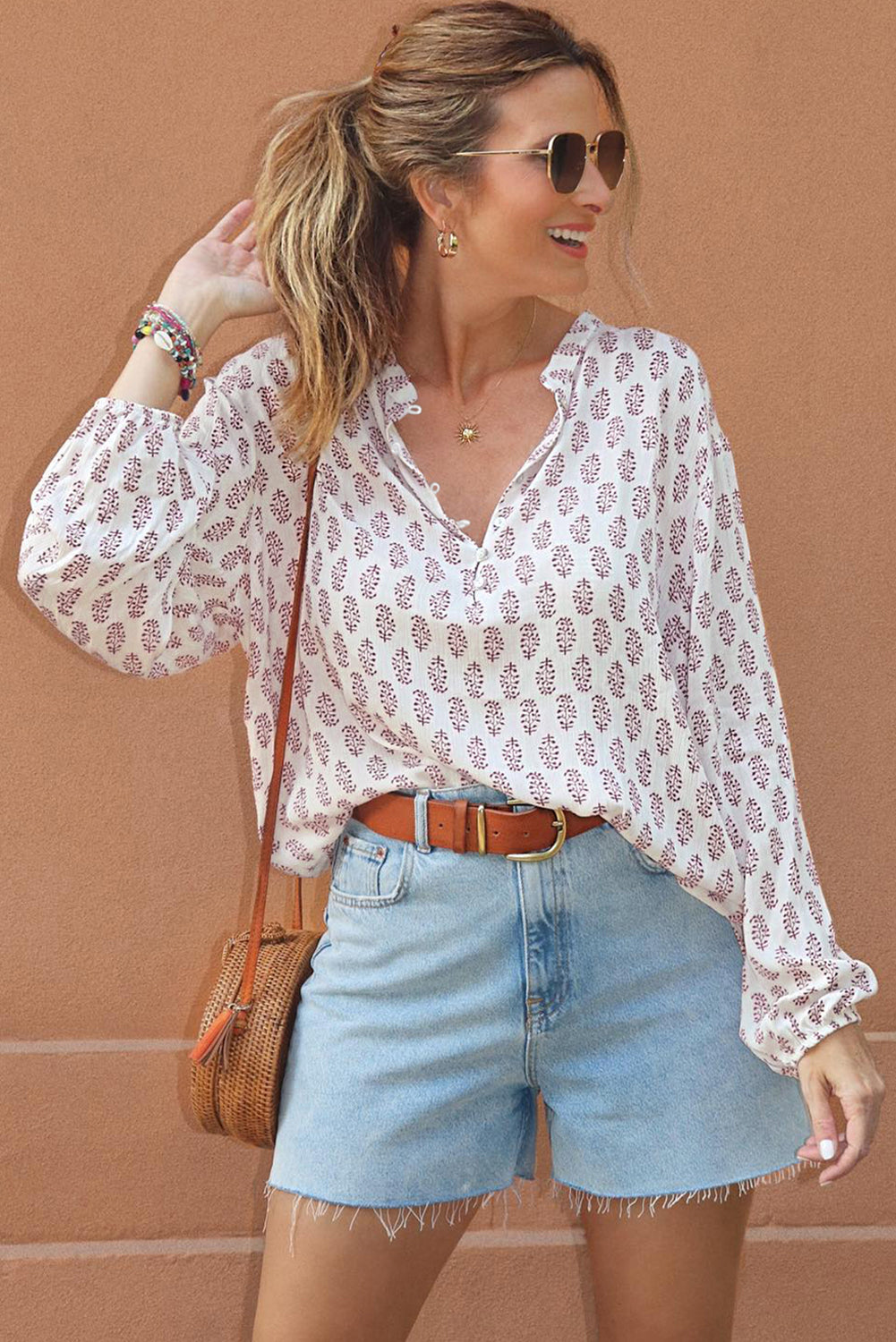 White Boho Print Long Sleeve Buttoned Blouse