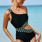 Black Zigzag Accent Cutout One Shoulder Teddy Swimwear