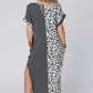 Gray Contrast Solid Leopard Short Sleeve T-shirt Dress with Slits