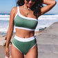 Green One Shoulder Patchwork High-waisted Bikini Set