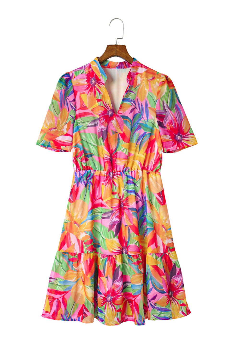 Multicolor Summer Floral Print V Neck Short Sleeve Dress