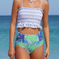 Blue Printed Smocked High waisted swimsuits