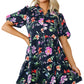 Black Floral Short Bubble Sleeve Button Mandarin Collar Dress