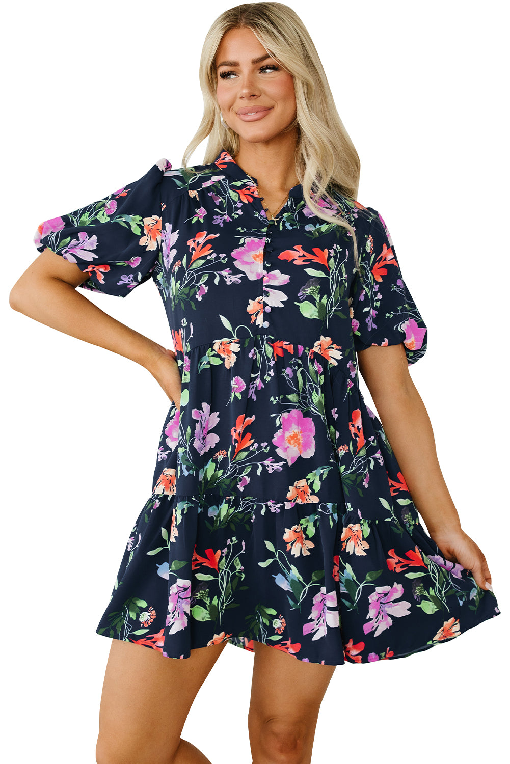 Black Floral Short Bubble Sleeve Button Mandarin Collar Dress