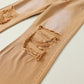 Brown Distressed Hollow-out High Waist Cropped Flare Jeans