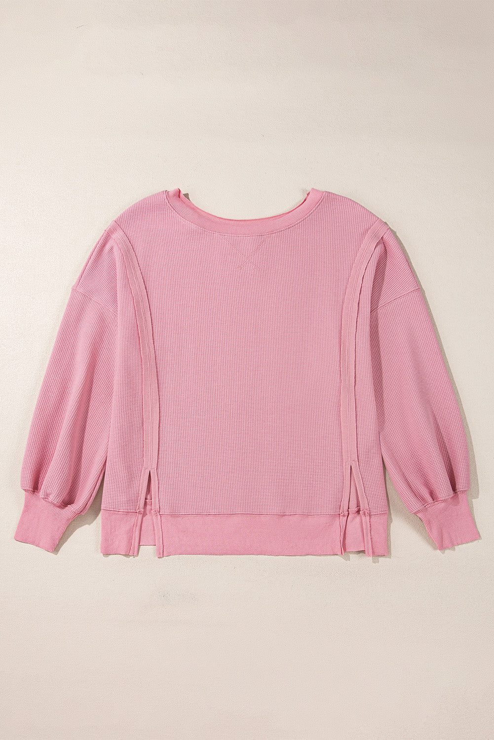 Pink Waffle Knit Bishop Sleeve Split Oversized Sweatshirt