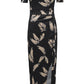 Black Pattern Print Off Shoulder Slit Bodycon Midi Dress