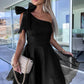 Black Bowtie One-shoulder Tulle Overlay Skater Dress