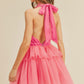 Strawberry Pink Gauze Ruffle Tiered Knotted Halter Dress