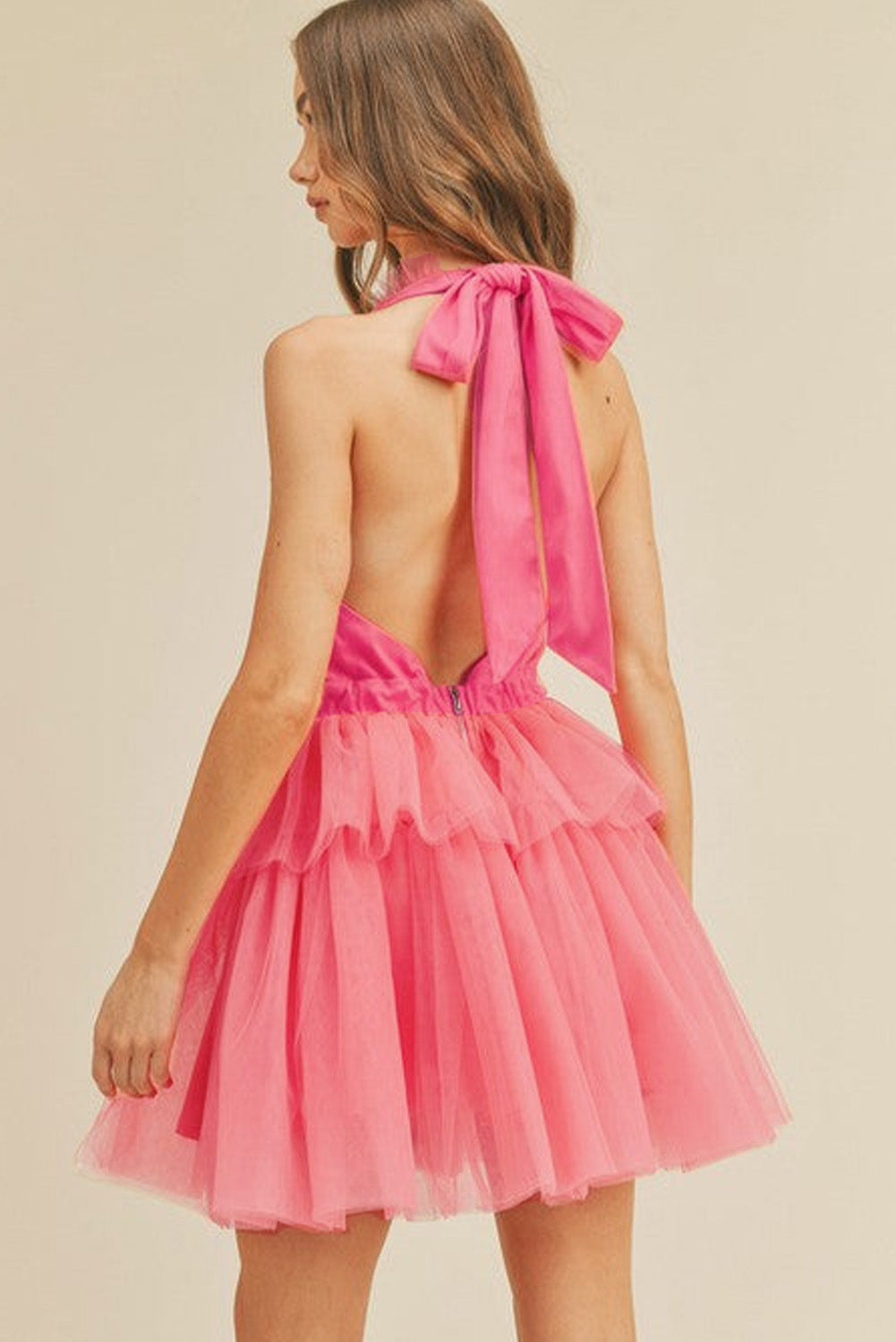 Strawberry Pink Gauze Ruffle Tiered Knotted Halter Dress