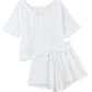 White Relaxed V Neck Blouse and Drawstring Raw Hem Shorts Set