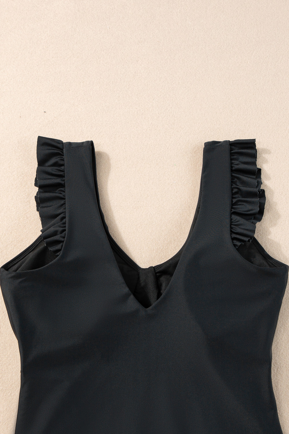 Black Ruffled Trim Ruched One Piece Bathing Suit