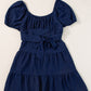 Navy Blue Swiss Dot Jacquard Puff Sleeve Crossover Tied Tiered Dress