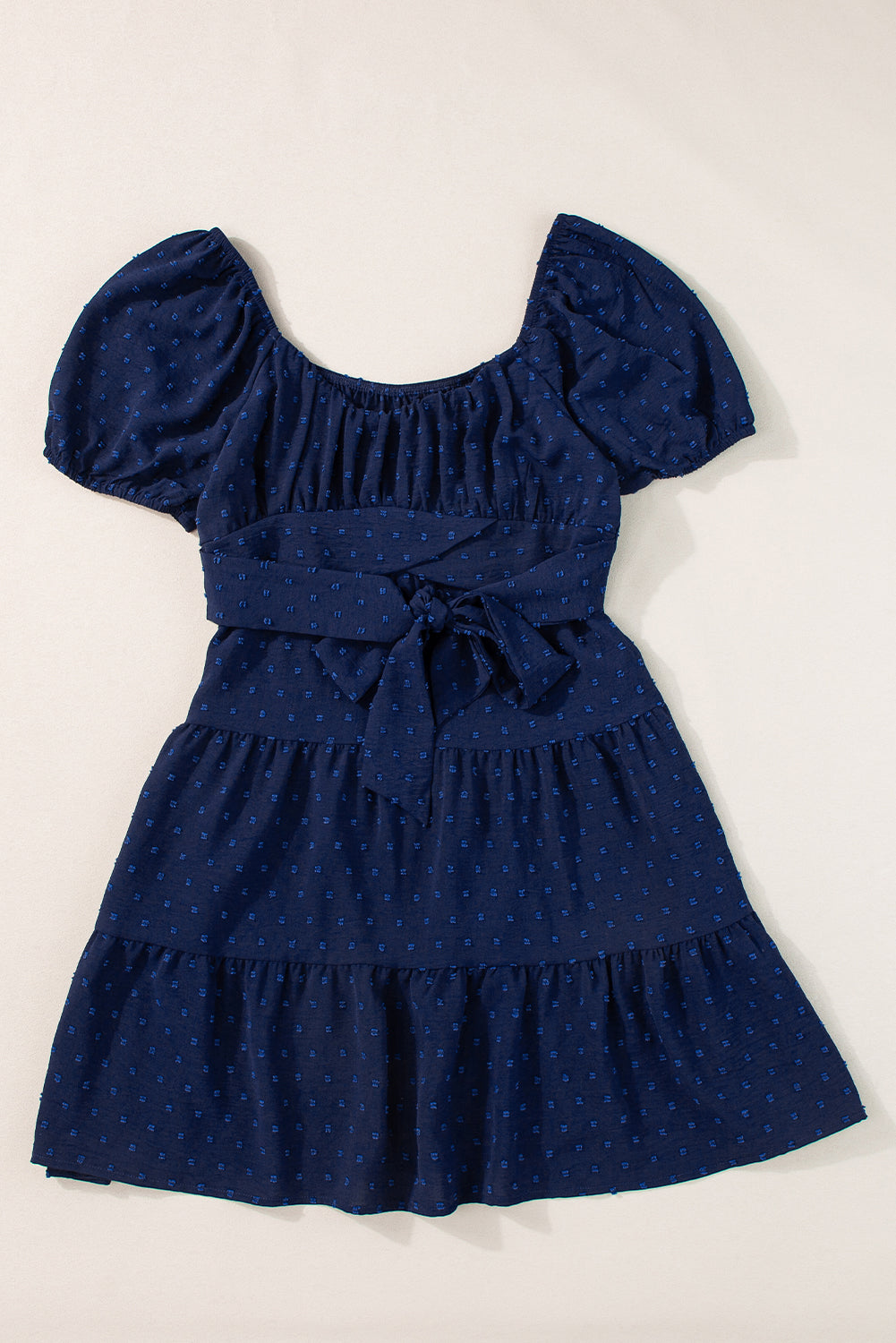 Navy Blue Swiss Dot Jacquard Puff Sleeve Crossover Tied Tiered Dress