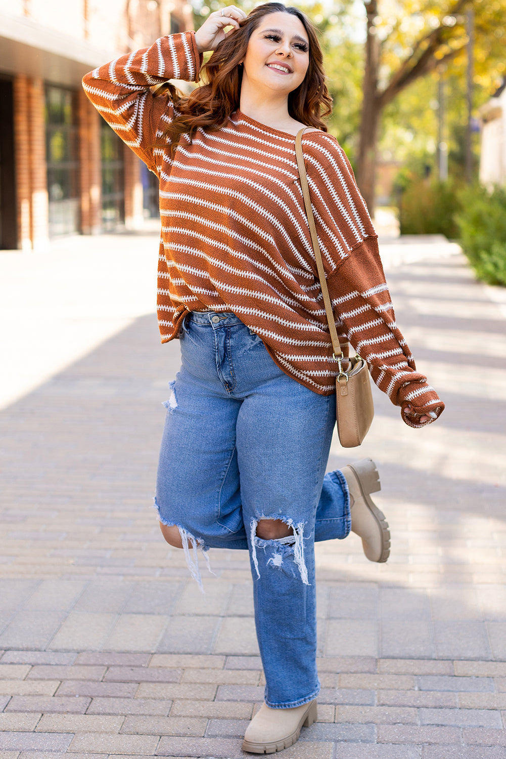 Brown Stripe Drop Shoulder Casual Sweater