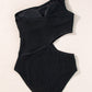 Black Solid Textured Cut Out One Shoulder Monokini