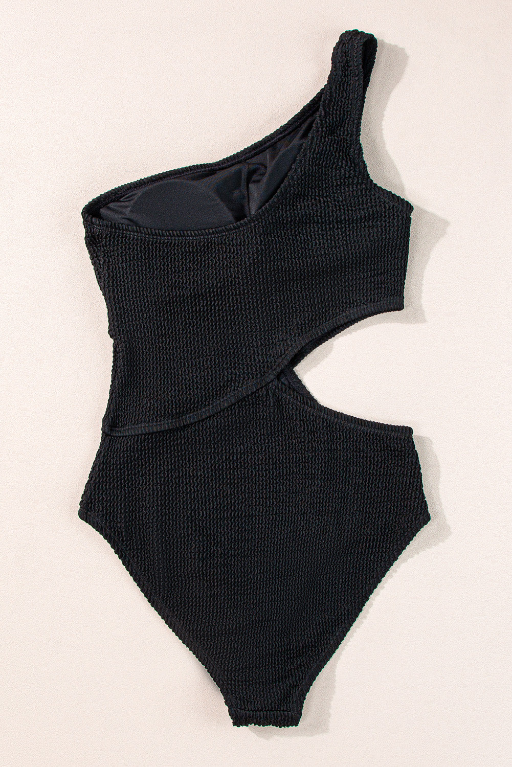 Black Solid Textured Cut Out One Shoulder Monokini