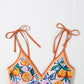 Orange Fruit Plant Print Tied Straps V Neck One Piece Swimsuit