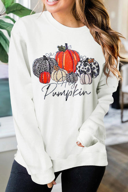 Beige Rhinestone Pumpkin Graphic Crewneck Thanksgiving Sweatshirt