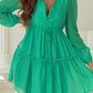 Sea Green Frilly V Neck Puff Sleeve Drawstring Shift Mini Dress