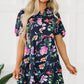 Black Floral Short Bubble Sleeve Button Mandarin Collar Dress