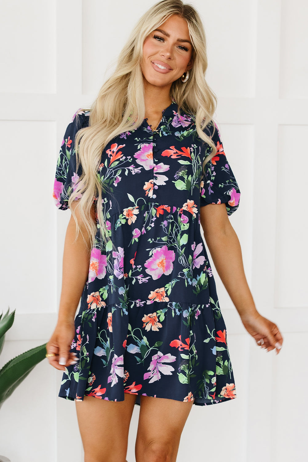 Black Floral Short Bubble Sleeve Button Mandarin Collar Dress