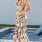 Brown Ruffled V Neck Leaves Print Long Dress