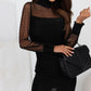 Black Dotted Mesh Striped Frilled Neck Bubble Sleeve Dress