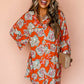 Red Floral Print Lapel Collar Loose Shirt Mini Dress