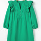 Bright Green Embroidered Ruffled Trim 3/4 Sleeve V Neck Mini Dress