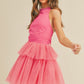 Strawberry Pink Gauze Ruffle Tiered Knotted Halter Dress