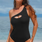 Black Ribbed One Shoulder Hollowed One Piece Swimsuit