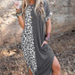 Gray Contrast Solid Leopard Short Sleeve T-shirt Dress with Slits