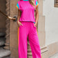 Strawberry Pink Color Block Detail Casual Two-piece Set