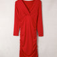 Fiery Red Long Sleeves Wrap V Neck Ruched Sheath Bodycon Dress