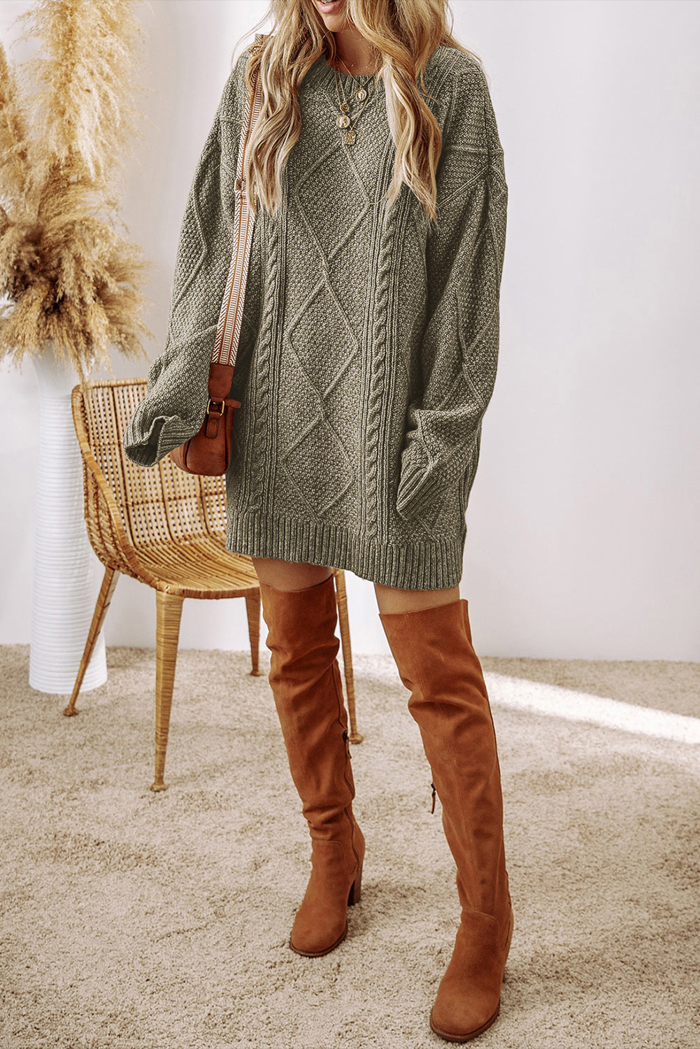 Mist Green Cable Knit Drop Shoulder Loose Fit Sweater Dress